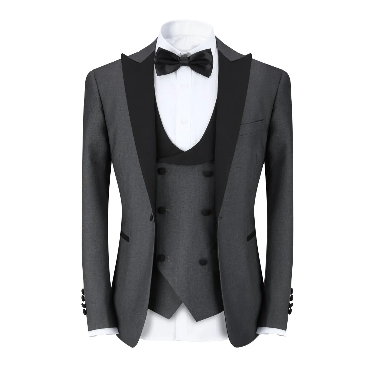 3 Piece Men's Suits One Button Slim Fit Peaked Lapel Tuxedo Grey