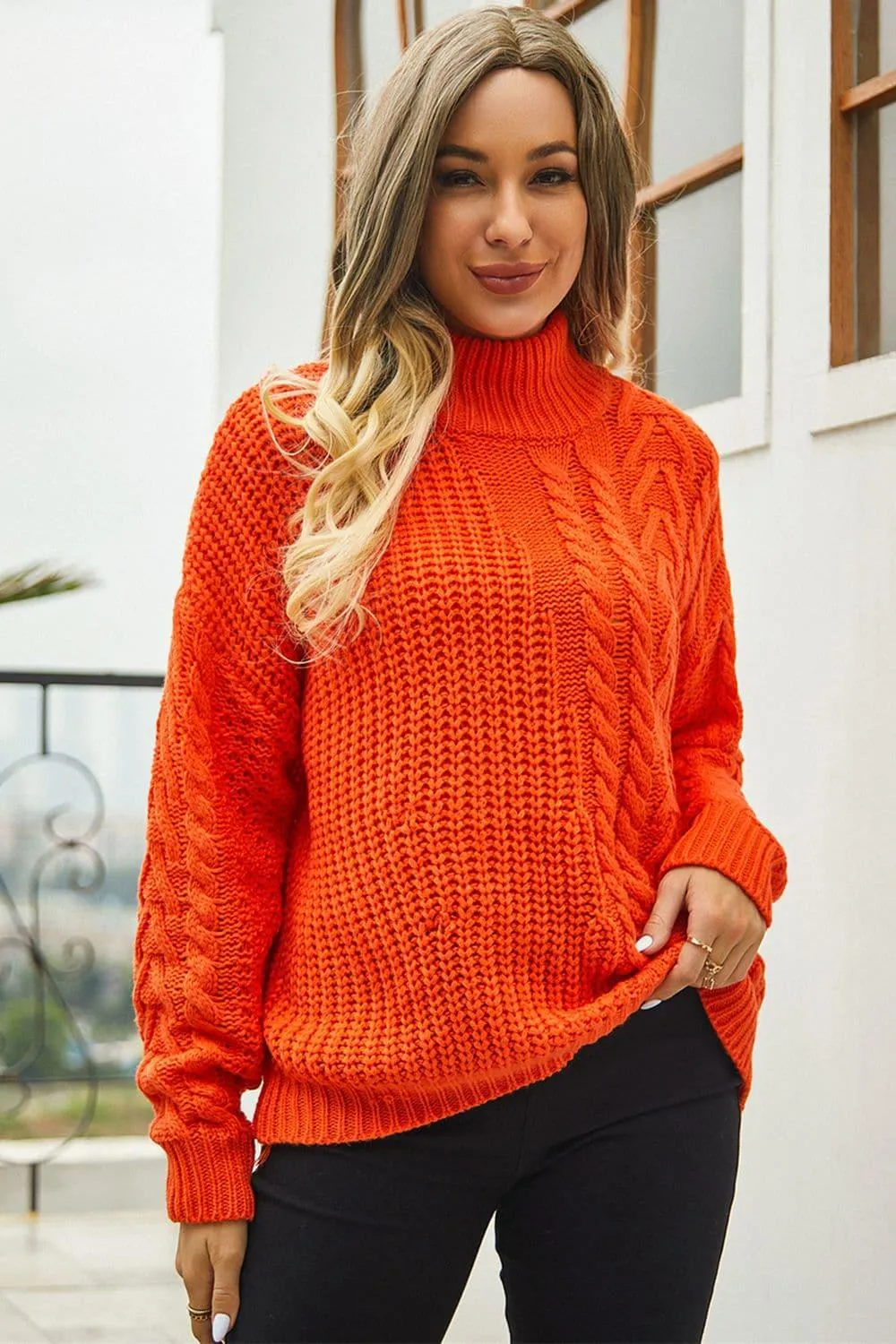 Angie Cable-Knit Turtle Neck Long Sleeve Sweater, 3 Colors