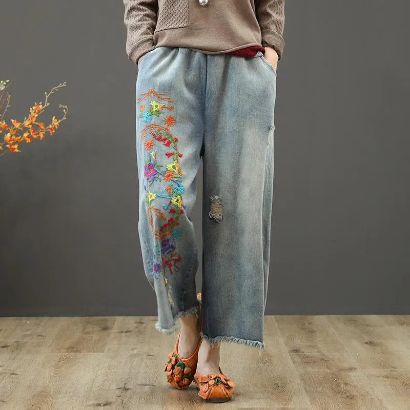 BABAKUD New Loose Retro Embroidery Denim Wide Leg Pants