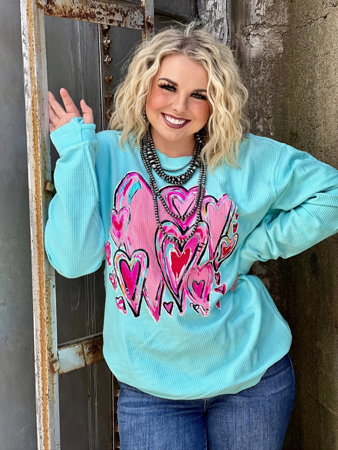 Bunches Of Love Corded Pullover Top - Turquoise