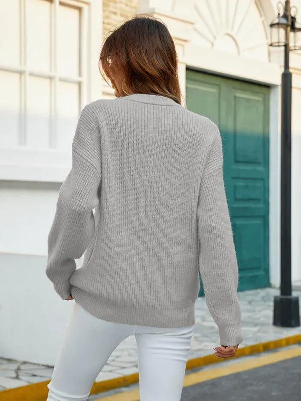 Crew Neck Button Top Pullover Sweater Women