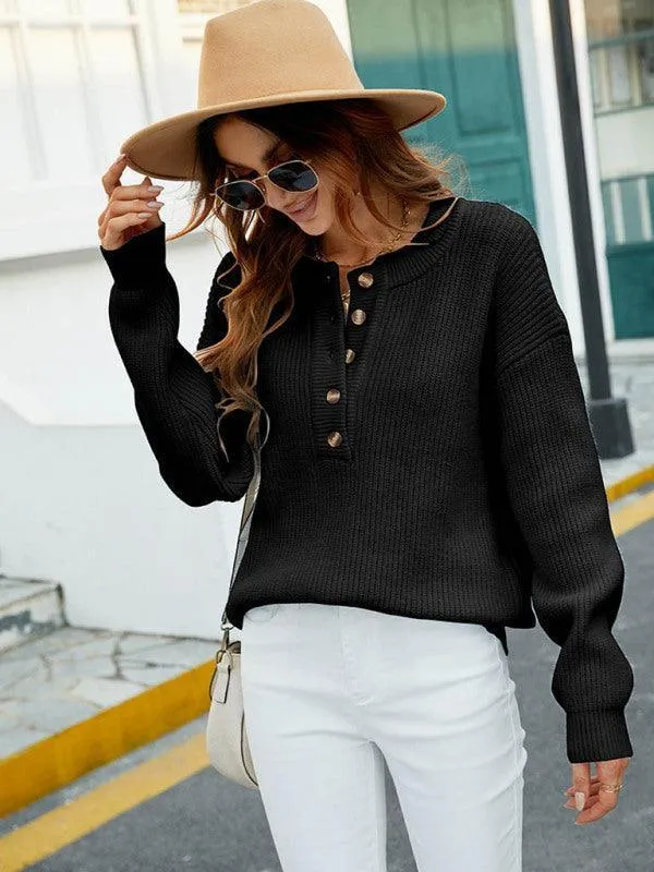 Crew Neck Button Top Pullover Sweater Women