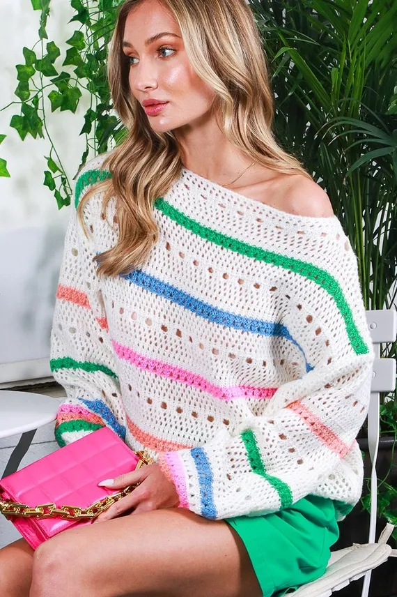 Crochet Stripe Boat Neck Sweater