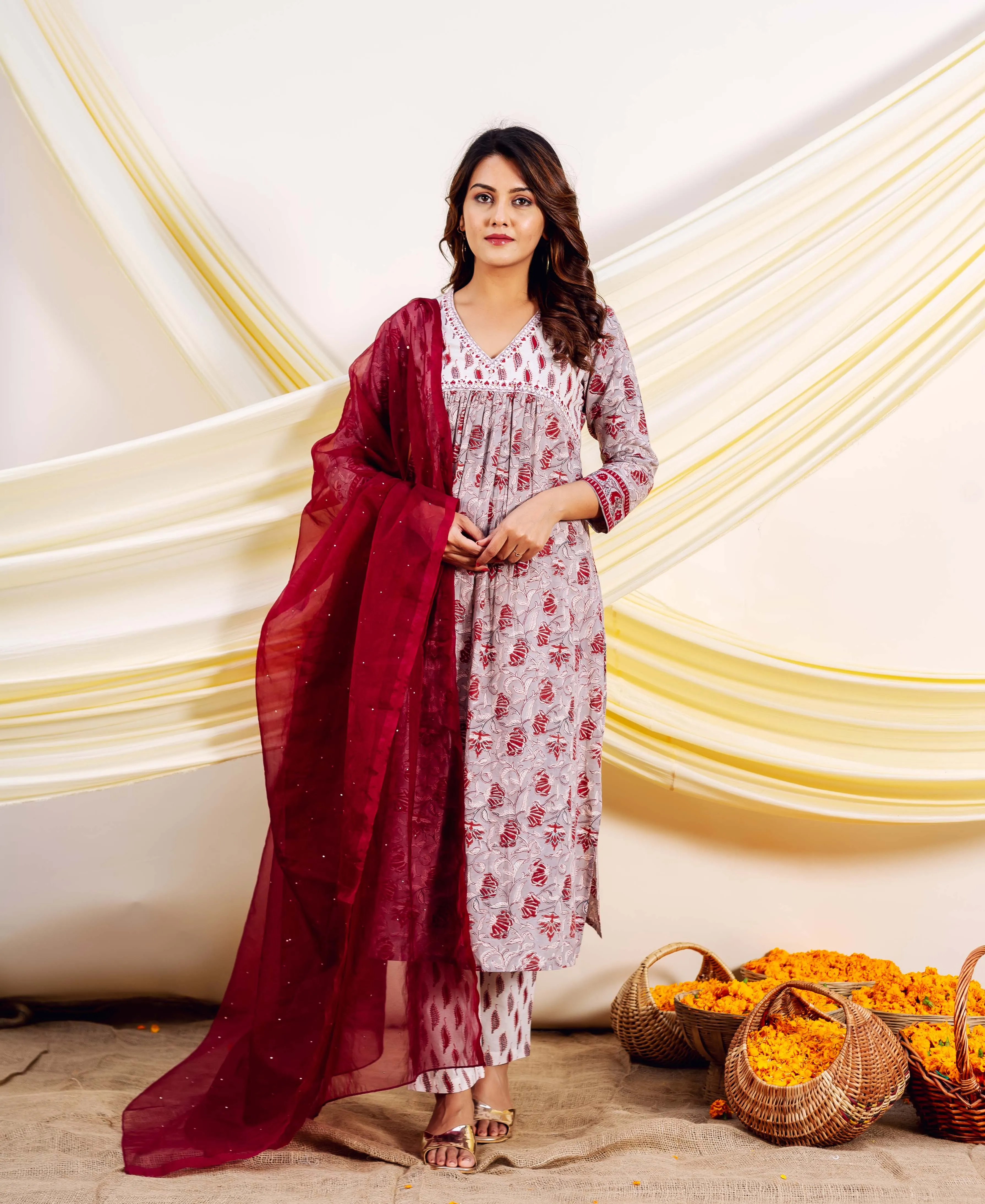 Grey and Red Naira Kurta