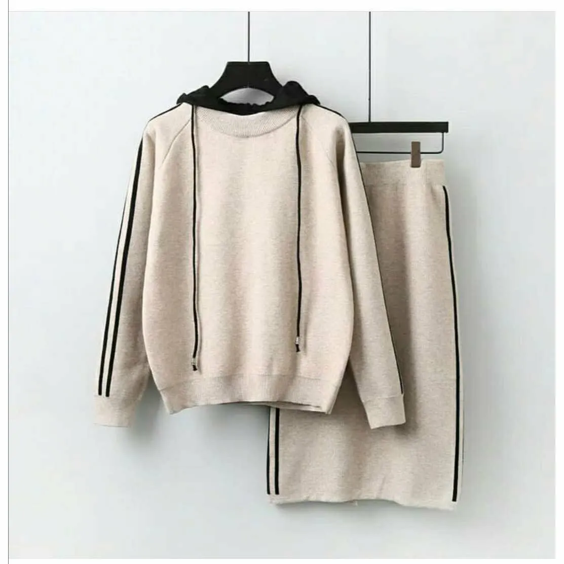 Hooded Top and Skirt Sweater Set