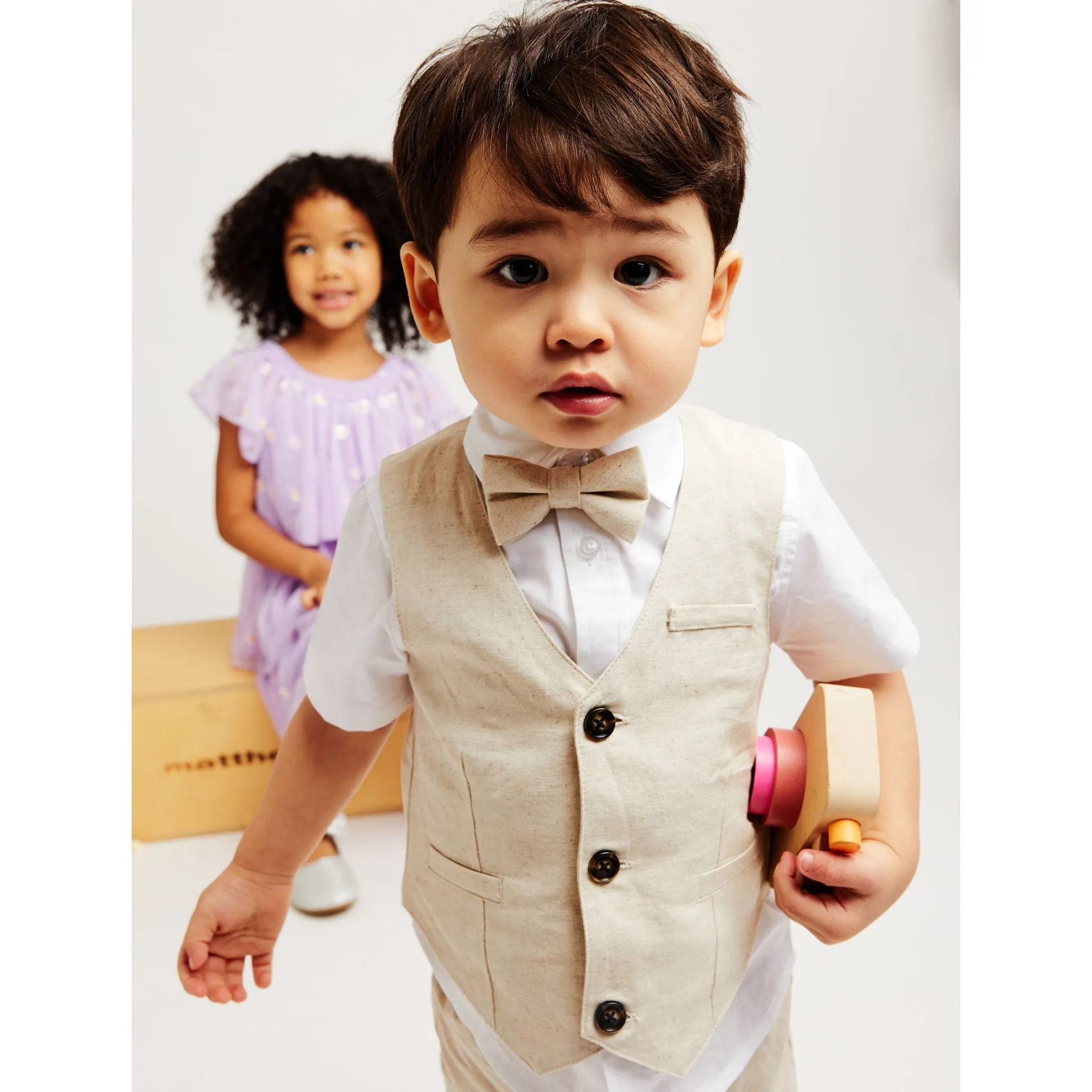 Infant Four Piece Buttondown and Vest Set | Stone