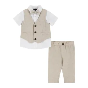 Infant Four Piece Buttondown and Vest Set | Stone