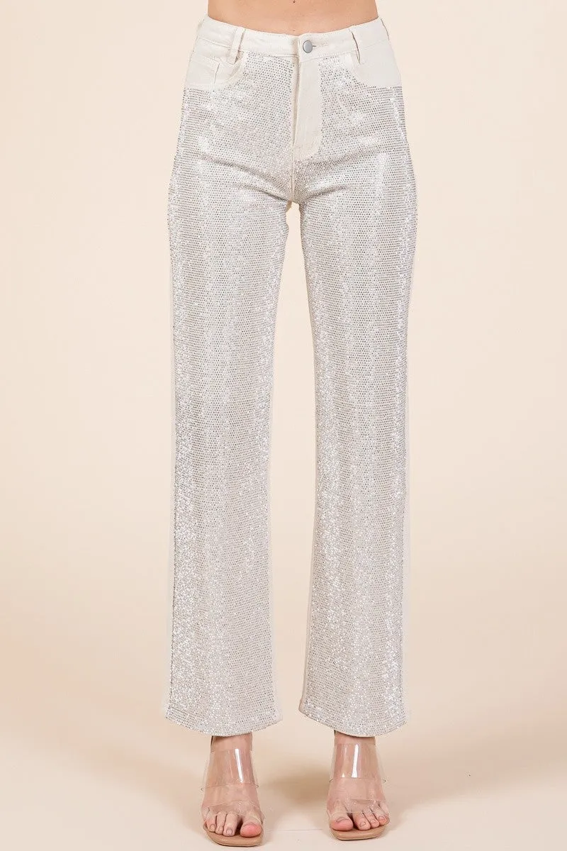 Ivory Rhinestone High-Waist Jeans