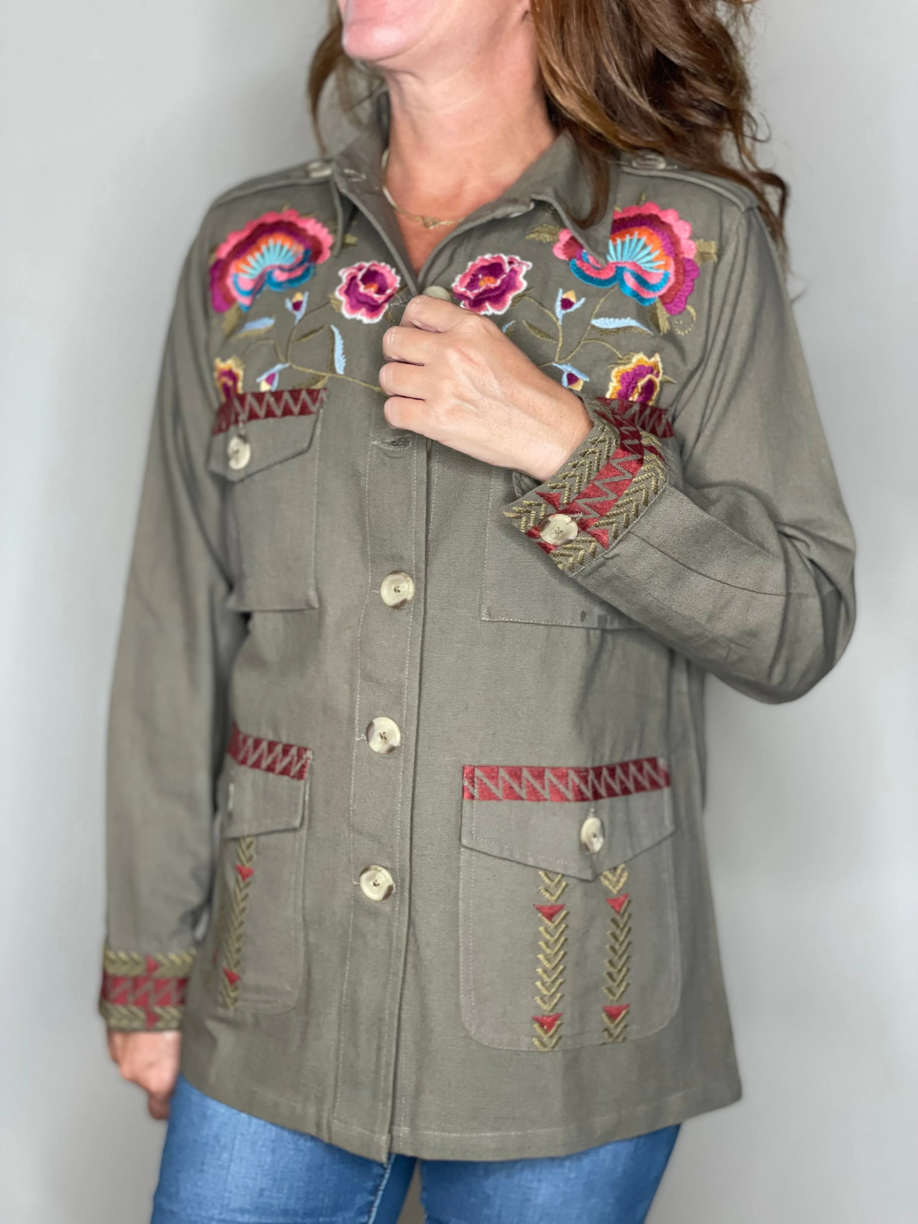 Khaki Embroidered Shirt Jacket