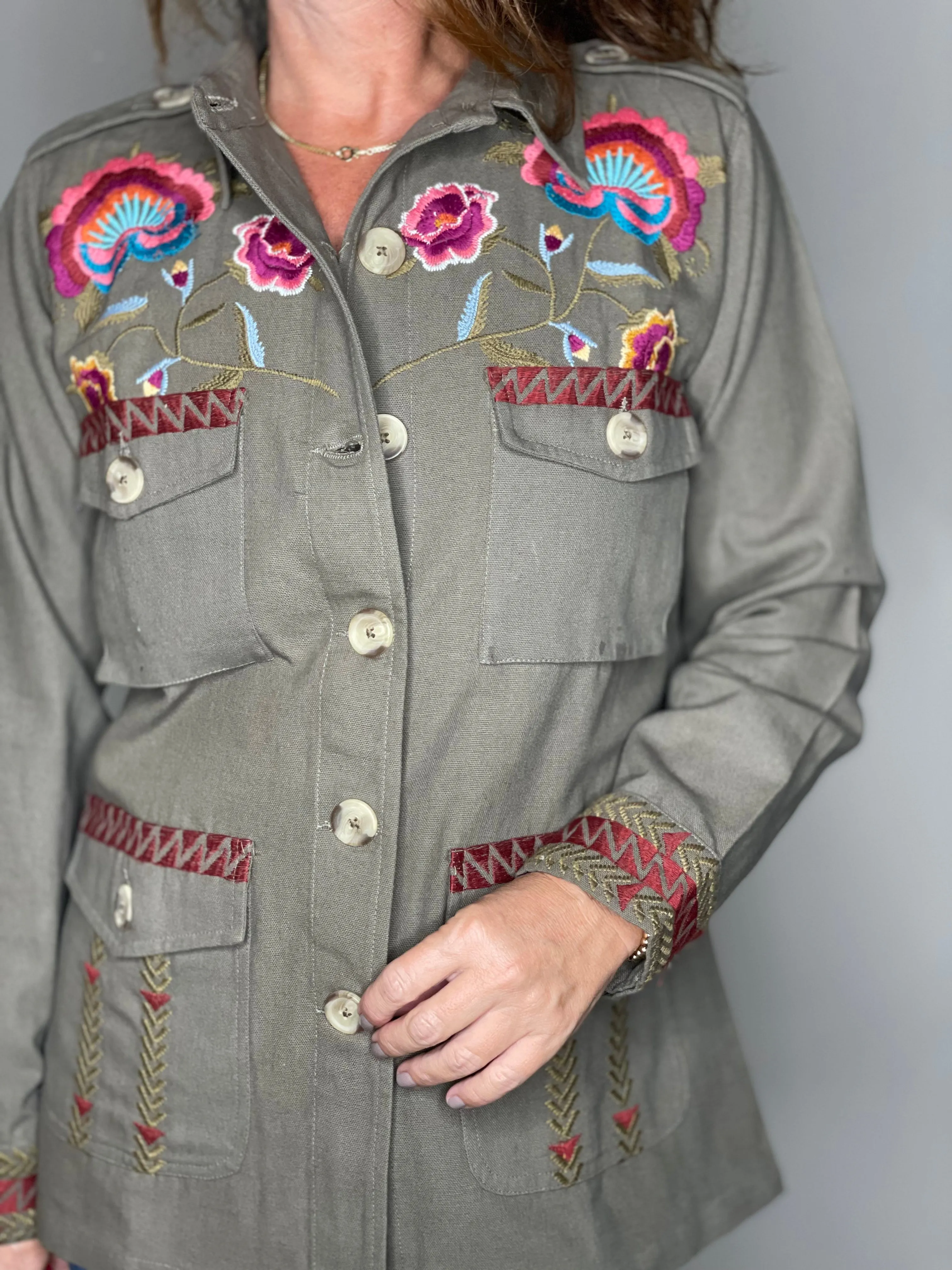 Khaki Embroidered Shirt Jacket