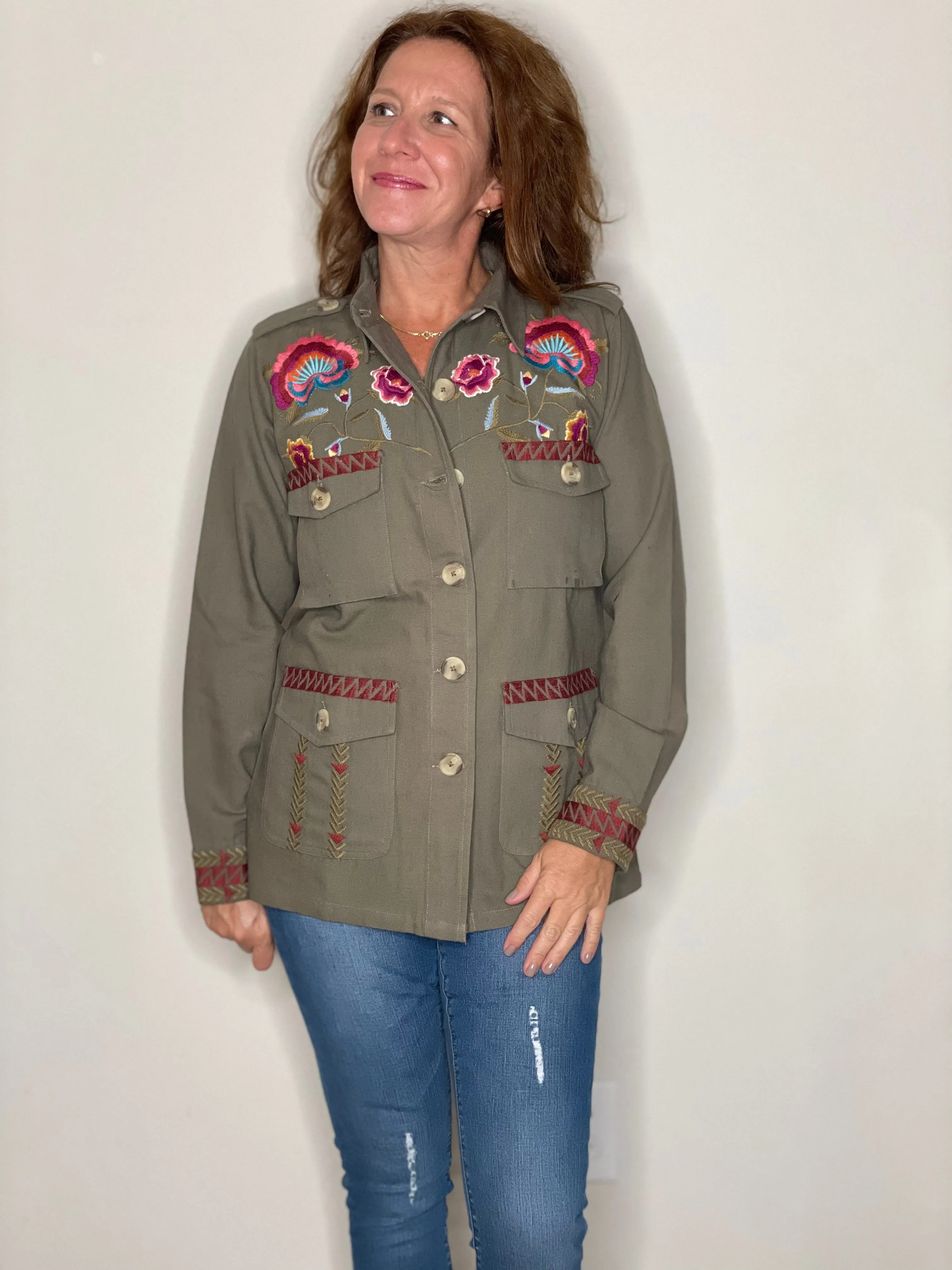 Khaki Embroidered Shirt Jacket