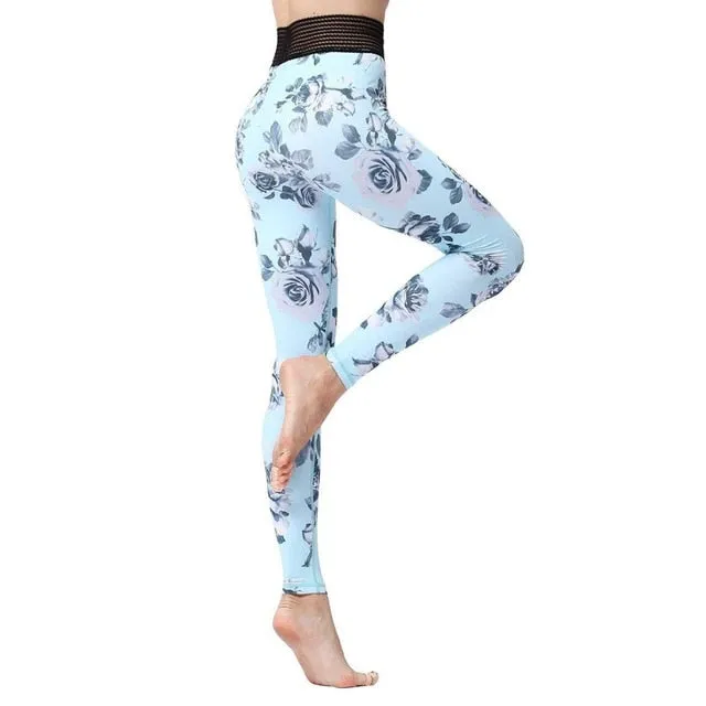 Light Blue Floral Leggings with Striped Elastic High Waist Aria_sale