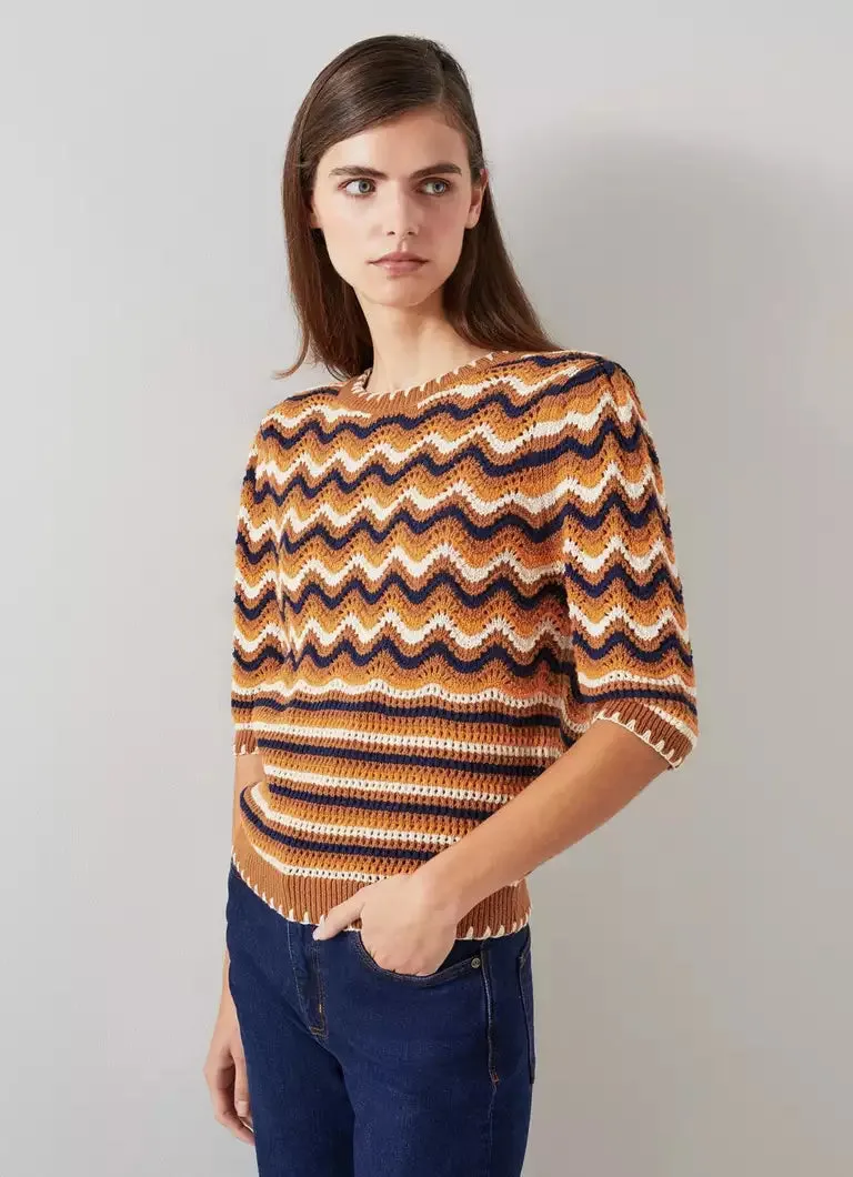 LK Bennett Soni Brown Multi-Colored Wavy Knit Cotton Top for Women