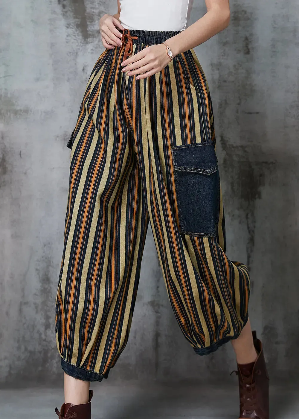 Loose Khaki Striped Patchwork Pockets Denim Pants Spring JK1046