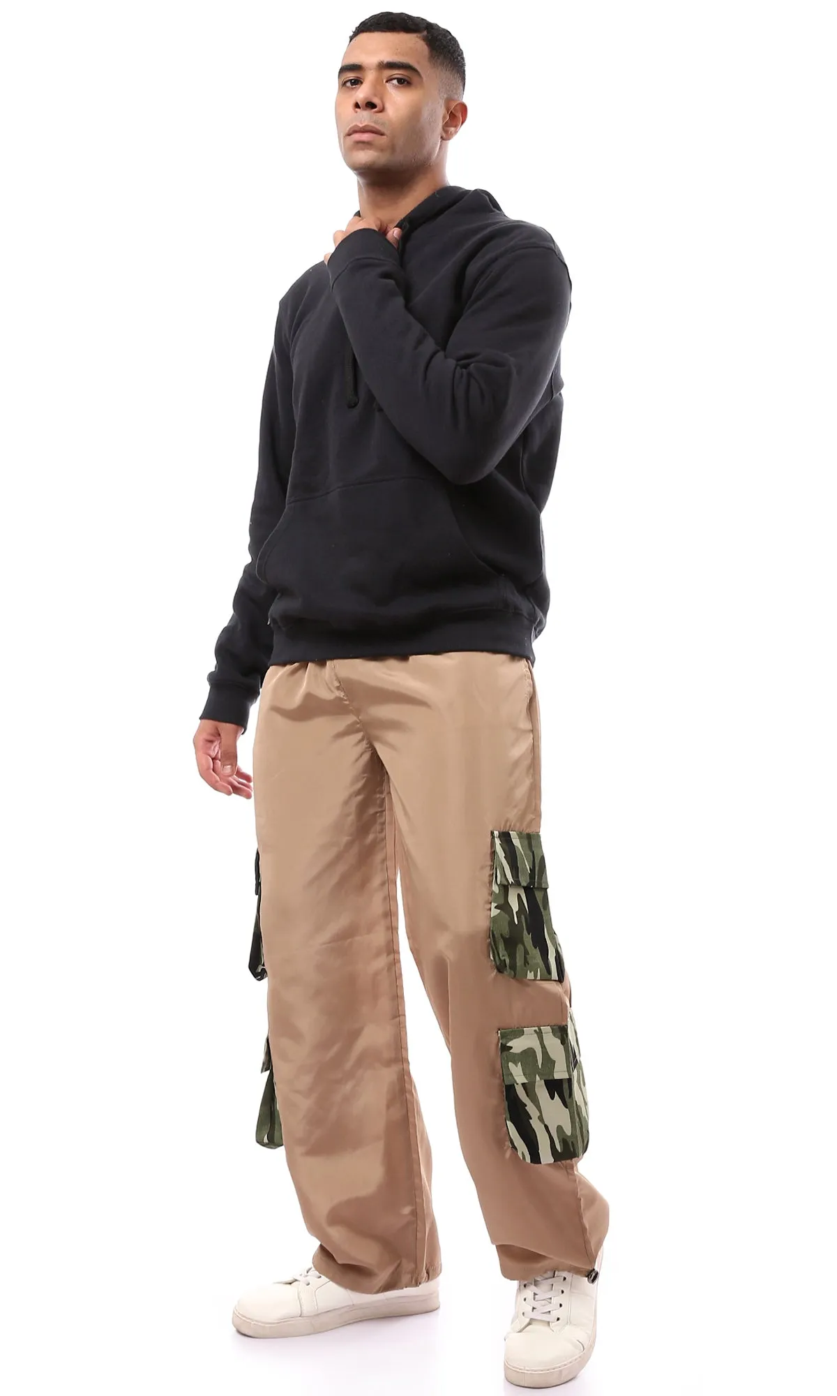 O174054 Adjustable Elastic Waist Waterproof Camel Cargo Pants