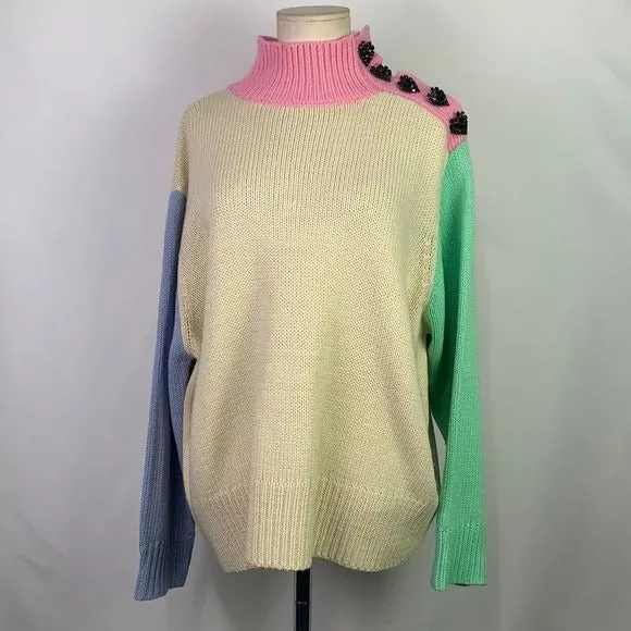 OliviaRubinpink green blue color block/beaded hearts sweater