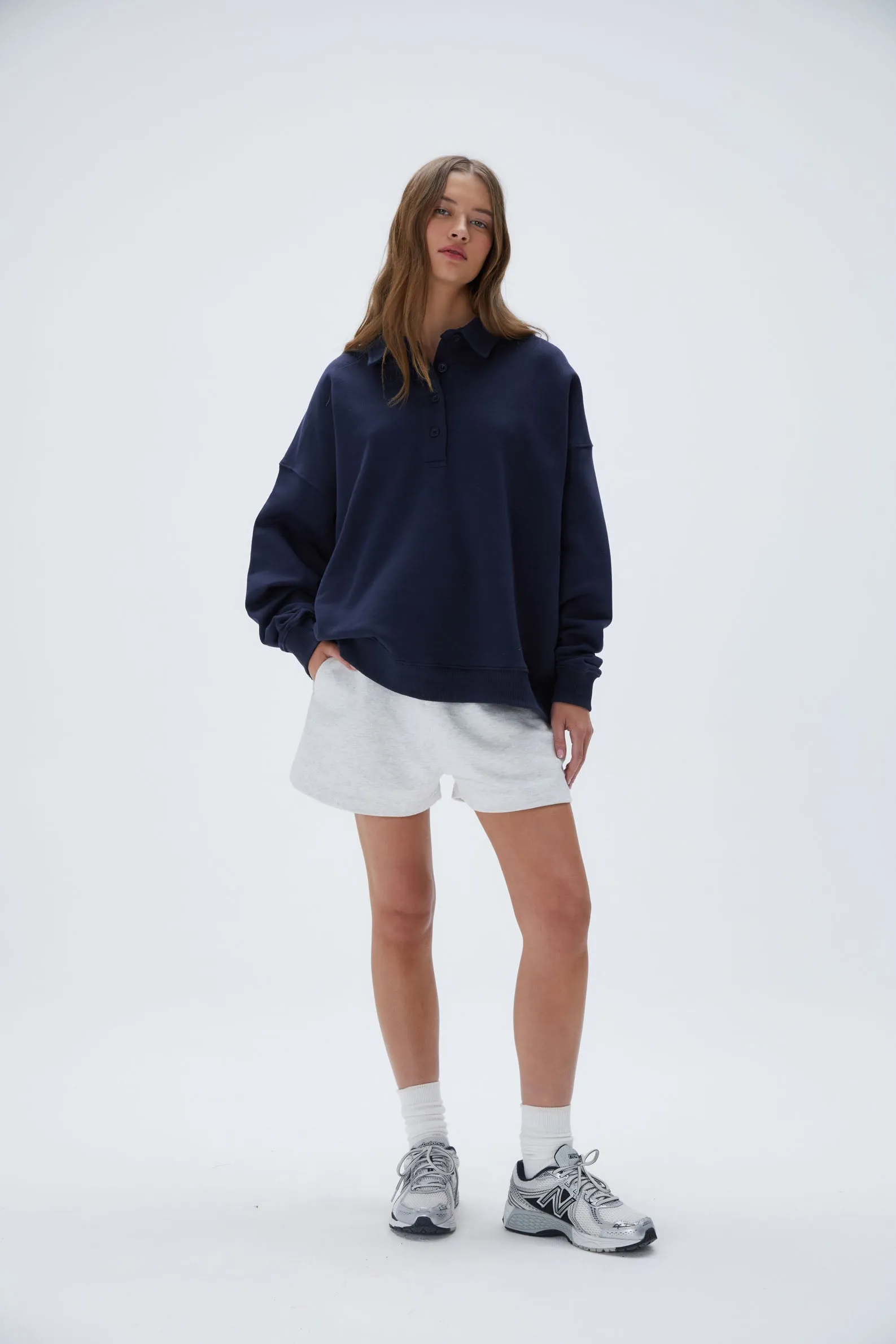 Oversized Button Up Sweatshirt - Navy Blue