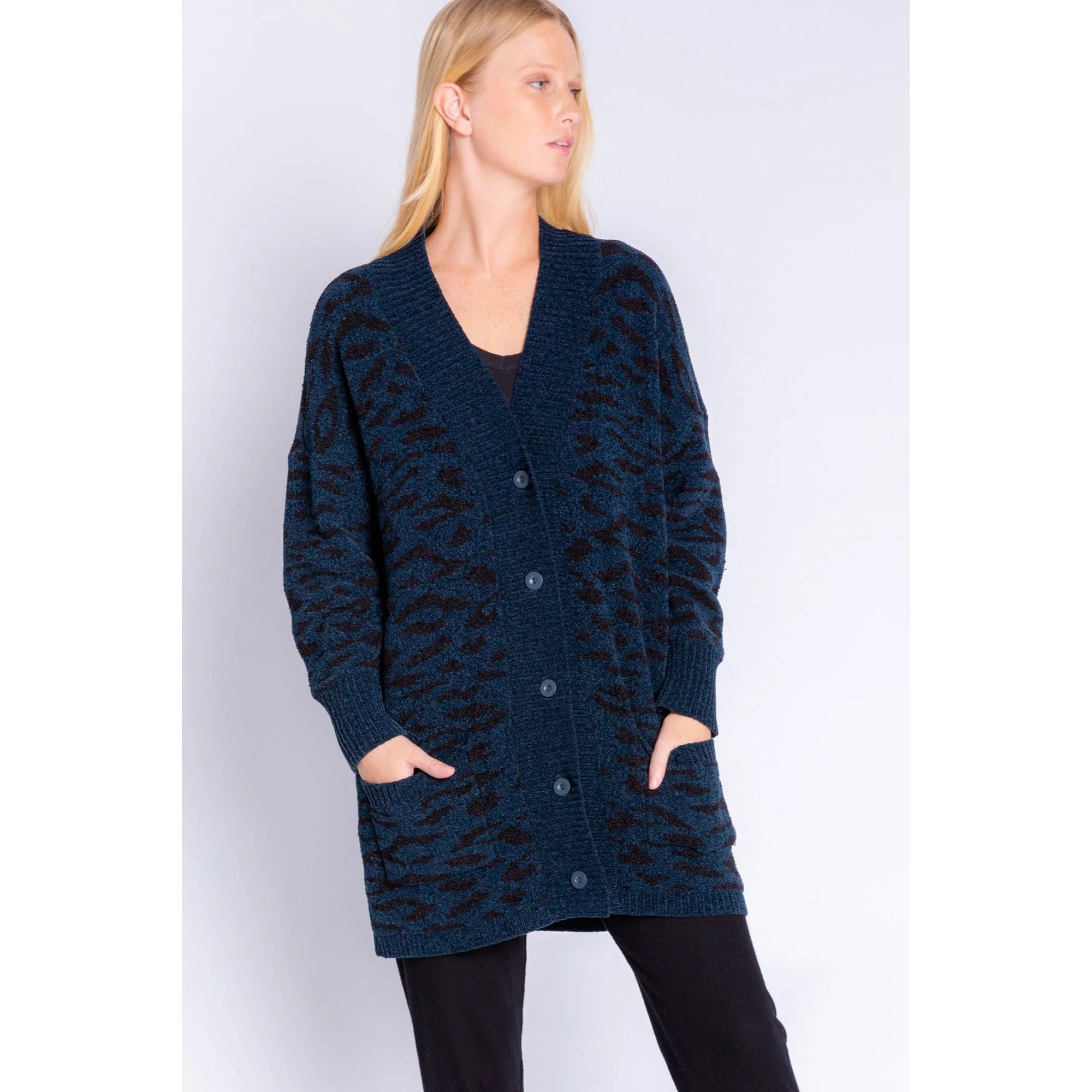 PJ Salvage Women's Royal Socialite Leopard Cardigan - NAVY