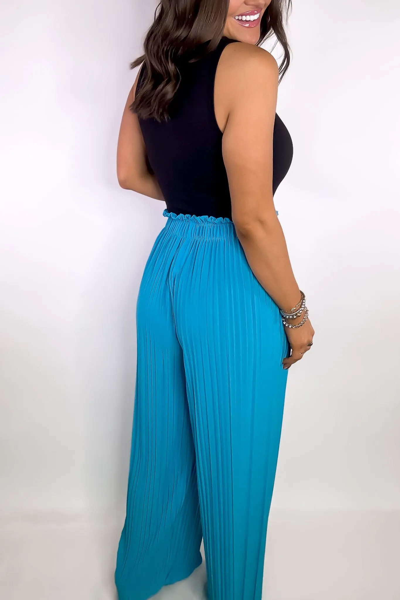 Pleated Ocean Blue Wide Leg Paperback Self Tie Pants