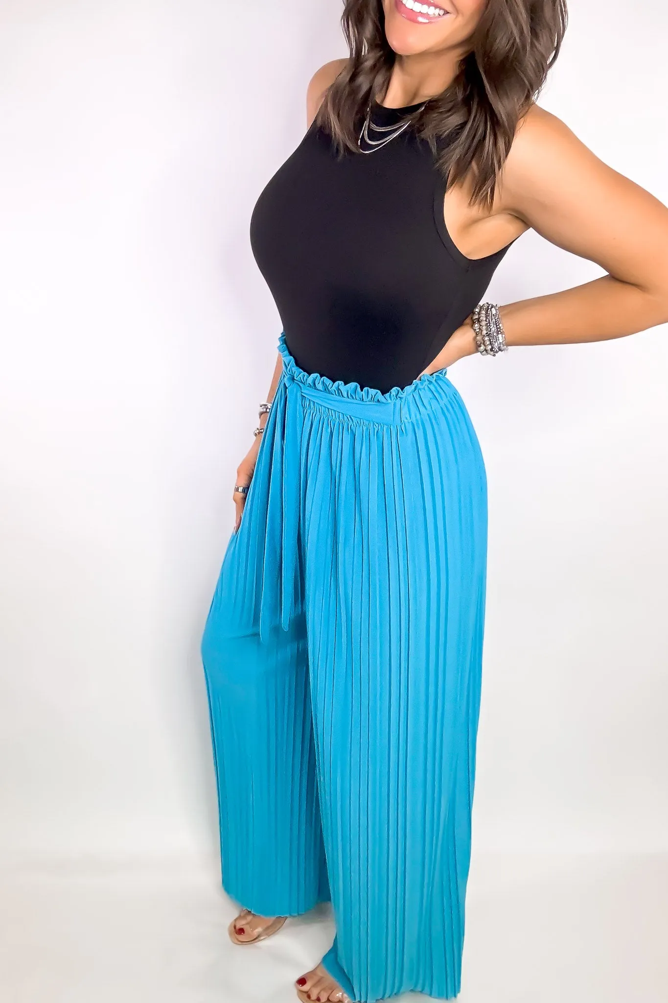 Pleated Ocean Blue Wide Leg Paperback Self Tie Pants