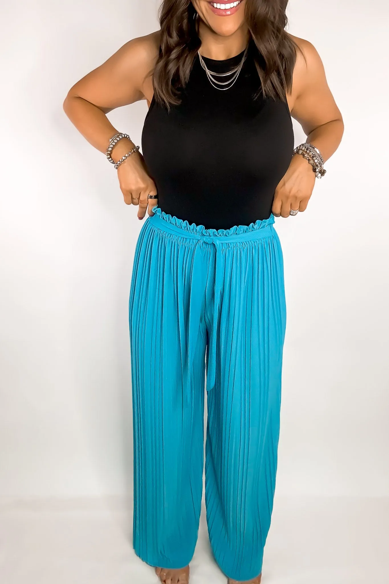 Pleated Ocean Blue Wide Leg Paperback Self Tie Pants