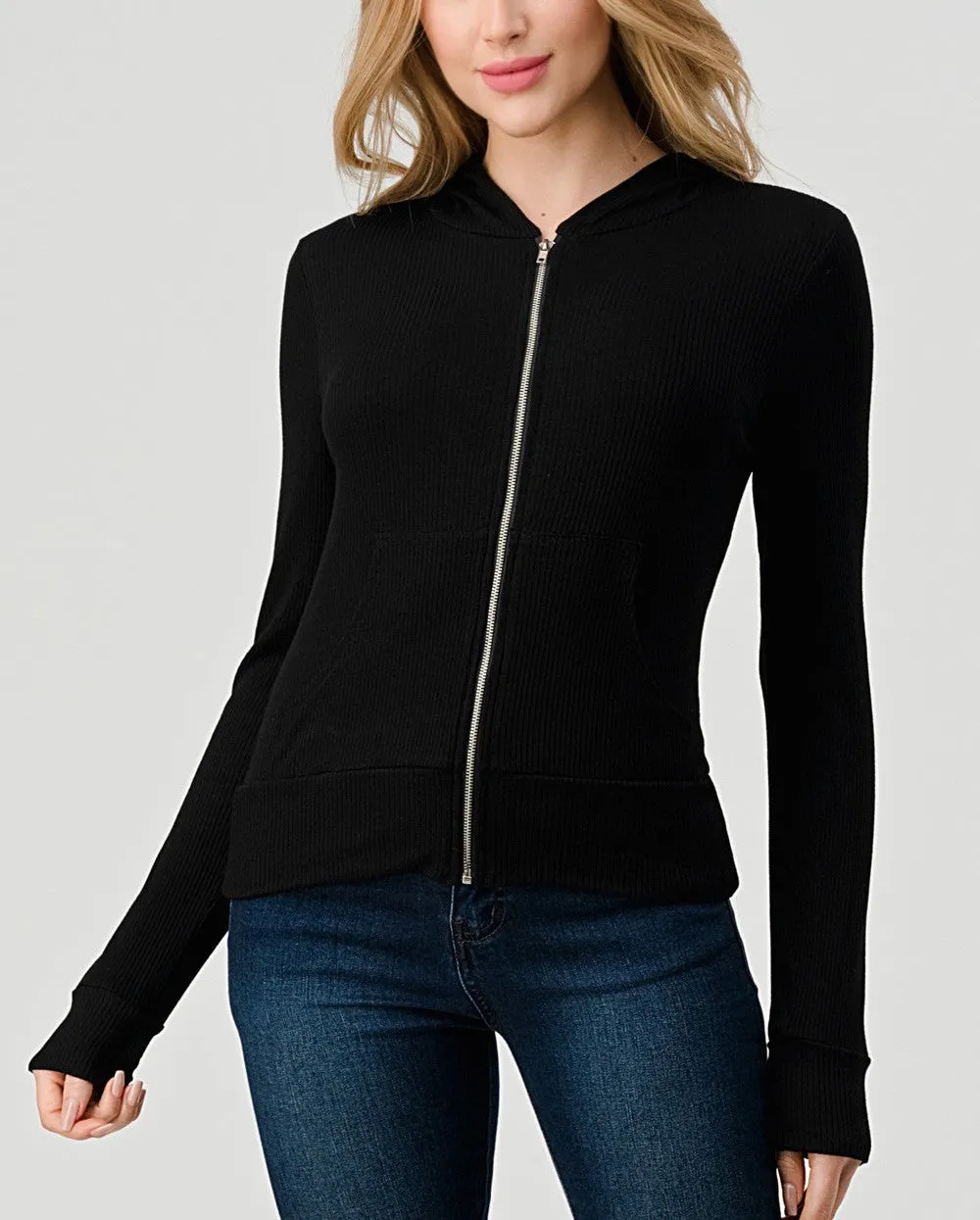 Ribbed Hooded Zipper Jacket