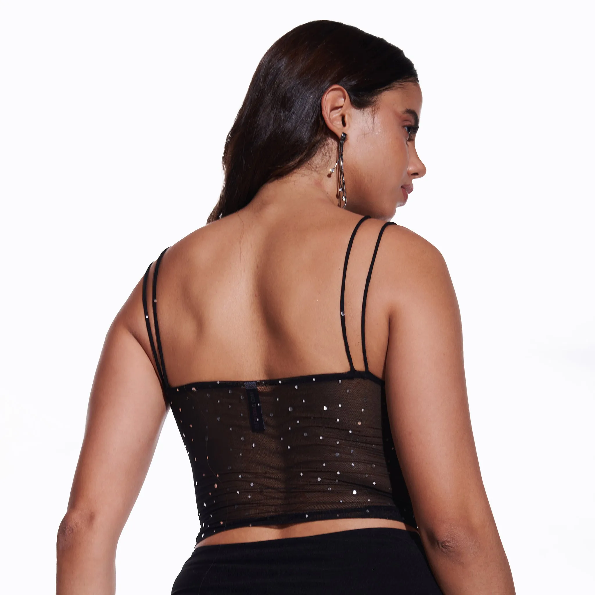 Sequin mesh top & Black Parachute pant