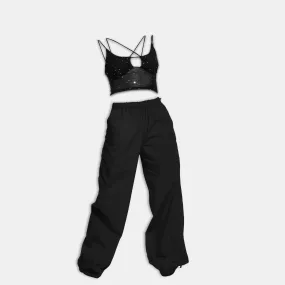 Sequin mesh top & Black Parachute pant