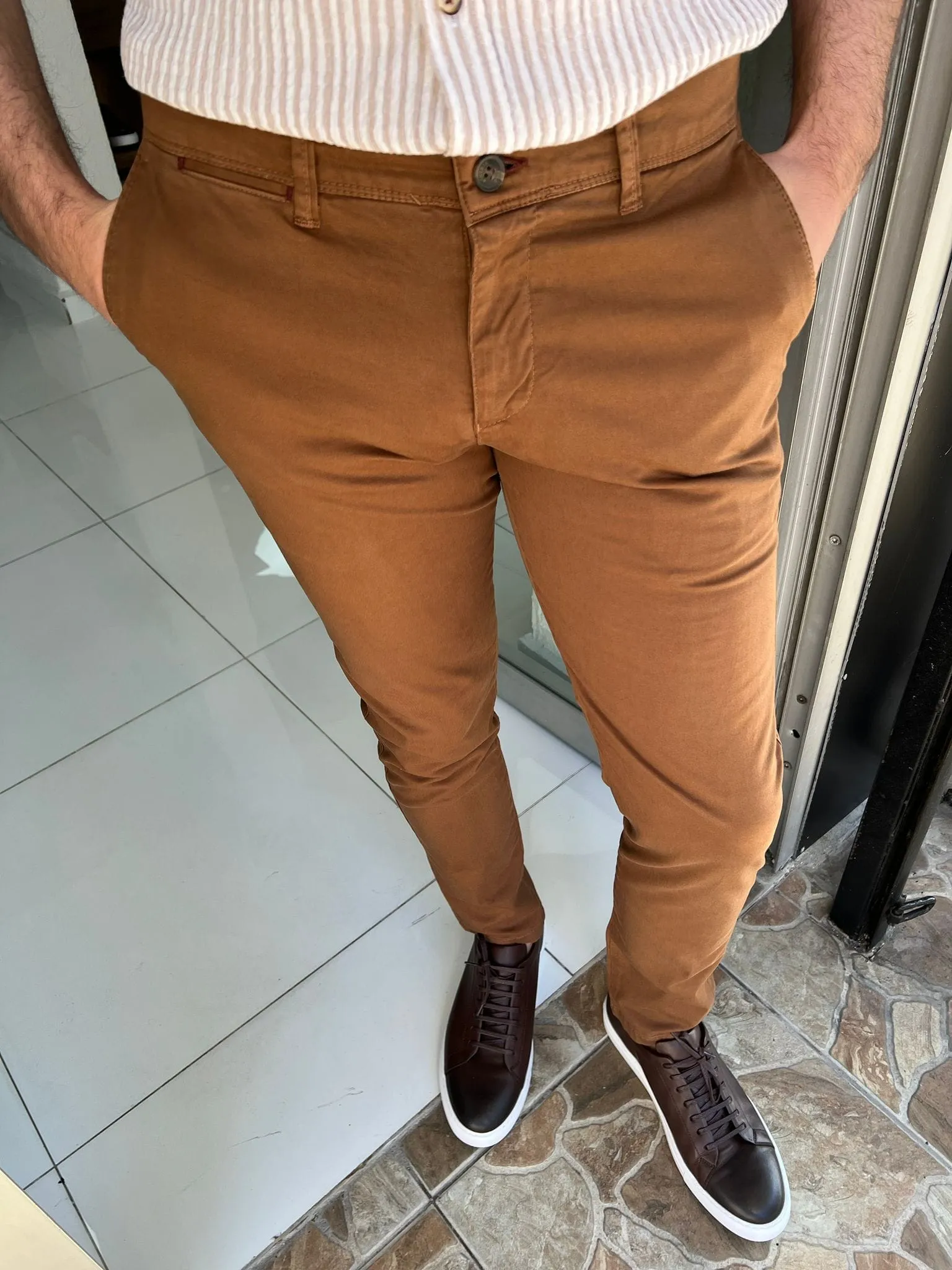 Slim Fit Cotton Camel Pants