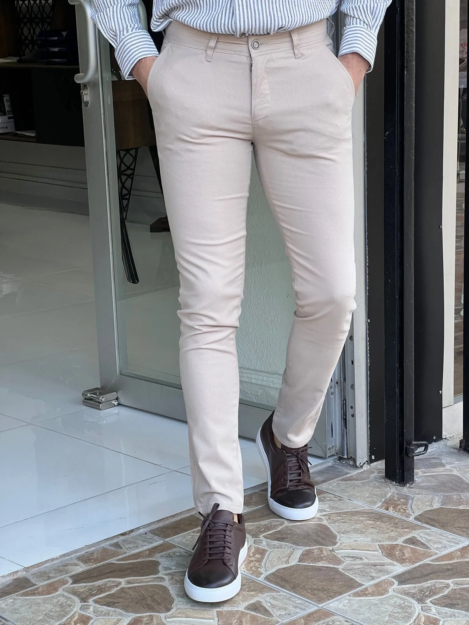 Slim Fit Micro Pattern Beige Pants