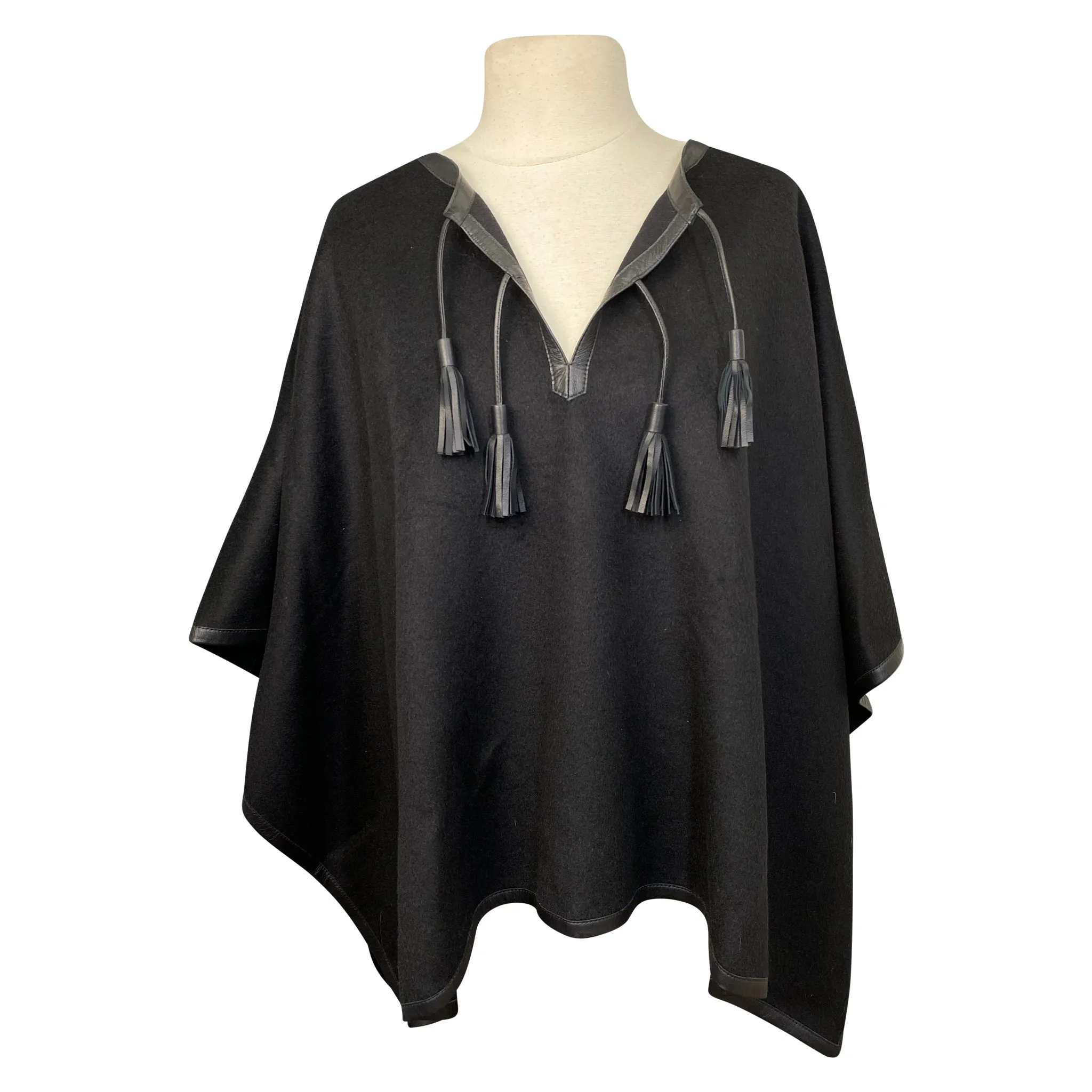 Stick & Ball Tassel Alpaca Poncho in Black - One Size