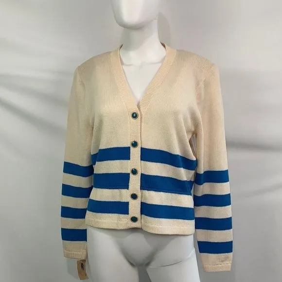 St.JohnNWT cream blue striped knit cardigan