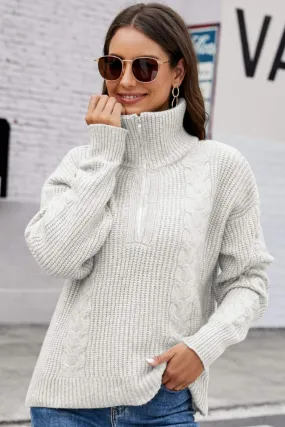 Woven Right Half Zip Mixed Knit Collared Sweater